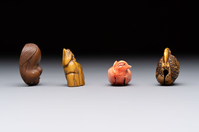 Nine various Japanese netsuke, an inro, a tsuba, a yatate, a bamboo kiseruzutsu and a covered bronze box, Edo/Meiji, 19th C.