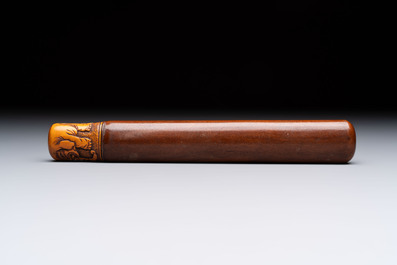 Nine various Japanese netsuke, an inro, a tsuba, a yatate, a bamboo kiseruzutsu and a covered bronze box, Edo/Meiji, 19th C.