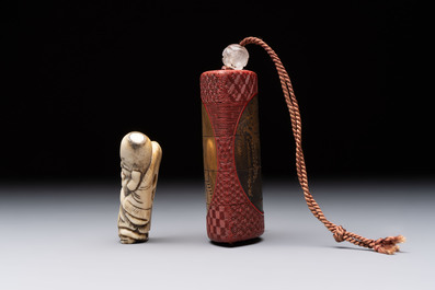 Nine various Japanese netsuke, an inro, a tsuba, a yatate, a bamboo kiseruzutsu and a covered bronze box, Edo/Meiji, 19th C.