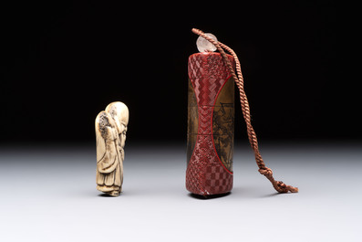 Nine various Japanese netsuke, an inro, a tsuba, a yatate, a bamboo kiseruzutsu and a covered bronze box, Edo/Meiji, 19th C.