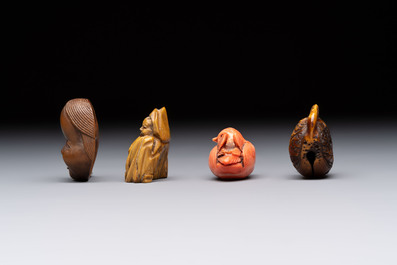 Nine various Japanese netsuke, an inro, a tsuba, a yatate, a bamboo kiseruzutsu and a covered bronze box, Edo/Meiji, 19th C.