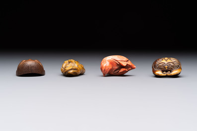 Nine various Japanese netsuke, an inro, a tsuba, a yatate, a bamboo kiseruzutsu and a covered bronze box, Edo/Meiji, 19th C.