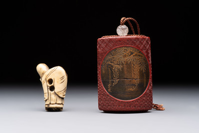 Nine various Japanese netsuke, an inro, a tsuba, a yatate, a bamboo kiseruzutsu and a covered bronze box, Edo/Meiji, 19th C.