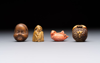 Nine various Japanese netsuke, an inro, a tsuba, a yatate, a bamboo kiseruzutsu and a covered bronze box, Edo/Meiji, 19th C.
