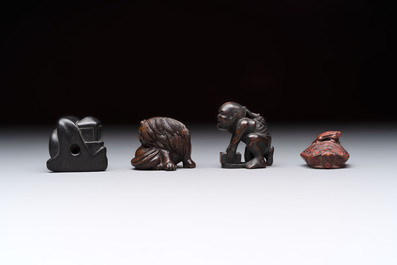 Nine various Japanese netsuke, an inro, a tsuba, a yatate, a bamboo kiseruzutsu and a covered bronze box, Edo/Meiji, 19th C.