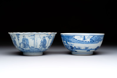 Two Chinese blue and white 'Xi Xiang Ji' and 'Eight Immortals' bowls, Ruo Shen Zhen Cang 若深珍藏 mark, Yongzheng and later