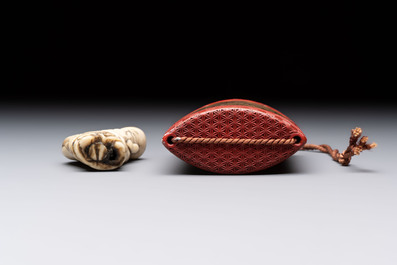 Nine various Japanese netsuke, an inro, a tsuba, a yatate, a bamboo kiseruzutsu and a covered bronze box, Edo/Meiji, 19th C.