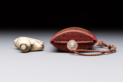 Nine various Japanese netsuke, an inro, a tsuba, a yatate, a bamboo kiseruzutsu and a covered bronze box, Edo/Meiji, 19th C.