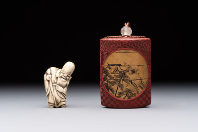 Nine various Japanese netsuke, an inro, a tsuba, a yatate, a bamboo kiseruzutsu and a covered bronze box, Edo/Meiji, 19th C.