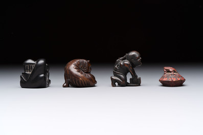 Nine various Japanese netsuke, an inro, a tsuba, a yatate, a bamboo kiseruzutsu and a covered bronze box, Edo/Meiji, 19th C.