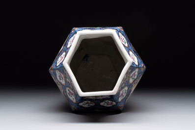 A fine Chinese famille rose gilt-decorated hexagonal vase with mandarin design, Qianlong
