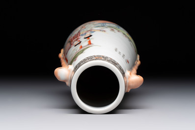 A Chinese famille rose vase with ladies in a garden, Qianlong mark, 19/20th C.