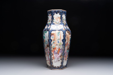 A fine Chinese famille rose gilt-decorated hexagonal vase with mandarin design, Qianlong