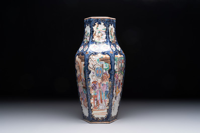 A fine Chinese famille rose gilt-decorated hexagonal vase with mandarin design, Qianlong