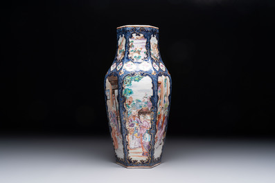 A fine Chinese famille rose gilt-decorated hexagonal vase with mandarin design, Qianlong