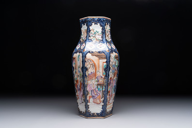 A fine Chinese famille rose gilt-decorated hexagonal vase with mandarin design, Qianlong