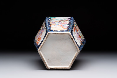 A fine Chinese famille rose gilt-decorated hexagonal vase with mandarin design, Qianlong