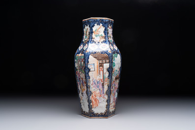 A fine Chinese famille rose gilt-decorated hexagonal vase with mandarin design, Qianlong