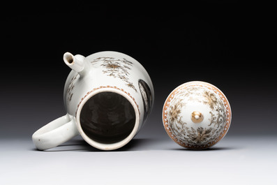 A large Chinese grisaille and gilt-decorated 'The Seamstress' chocolate pot, Qianlong