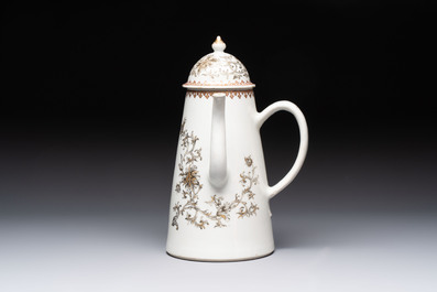 A large Chinese grisaille and gilt-decorated 'The Seamstress' chocolate pot, Qianlong