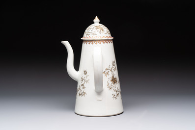 A large Chinese grisaille and gilt-decorated 'The Seamstress' chocolate pot, Qianlong