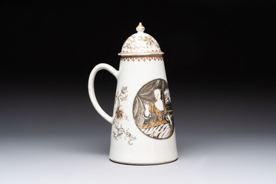 A large Chinese grisaille and gilt-decorated 'The Seamstress' chocolate pot, Qianlong