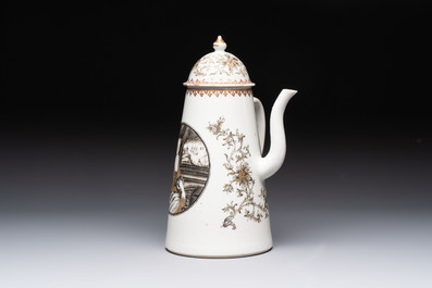 A large Chinese grisaille and gilt-decorated 'The Seamstress' chocolate pot, Qianlong