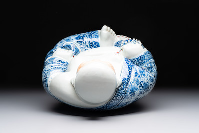 A Chinese blue, white and iron-red Milefo Buddha, Zhu Mao Ji 朱茂記造 mark, 20th C.