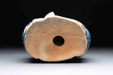 A Chinese blue, white and iron-red Milefo Buddha, Zhu Mao Ji 朱茂記造 mark, 20th C.