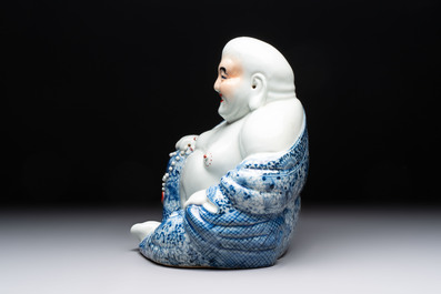 A Chinese blue, white and iron-red Milefo Buddha, Zhu Mao Ji 朱茂記造 mark, 20th C.