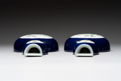 A pair of Chinese famille rose blue-ground wall pocket vases with floral design, Jing Shun Tang 經筍堂 mark, 19th C.