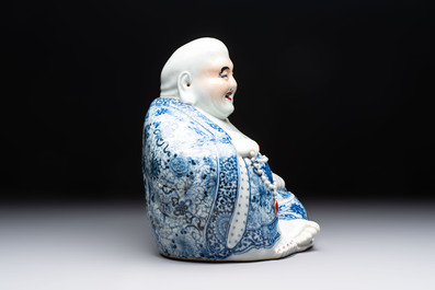 A Chinese blue, white and iron-red Milefo Buddha, Zhu Mao Ji 朱茂記造 mark, 20th C.