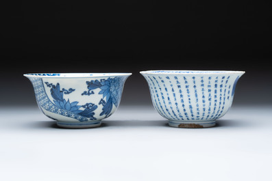 A Chinese blue and white 'Ode to the Red Cliff' bowl and a bowl with floral design, Yongle and Chenghua mark, Transitional period