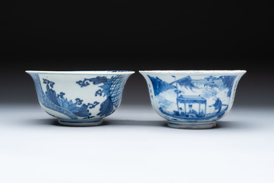 A Chinese blue and white 'Ode to the Red Cliff' bowl and a bowl with floral design, Yongle and Chenghua mark, Transitional period