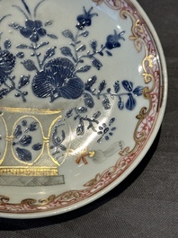 A pair of Chinese polychrome-decorated cups and saucers and an iron-red gilt-decorated cup and saucer, Yongzheng/Qianlong