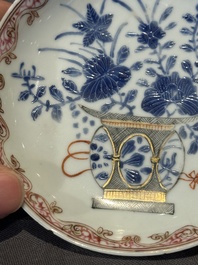 A pair of Chinese polychrome-decorated cups and saucers and an iron-red gilt-decorated cup and saucer, Yongzheng/Qianlong