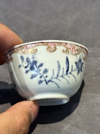 A pair of Chinese polychrome-decorated cups and saucers and an iron-red gilt-decorated cup and saucer, Yongzheng/Qianlong