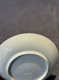 A pair of Chinese polychrome-decorated cups and saucers and an iron-red gilt-decorated cup and saucer, Yongzheng/Qianlong