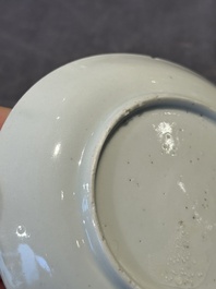 A pair of Chinese polychrome-decorated cups and saucers and an iron-red gilt-decorated cup and saucer, Yongzheng/Qianlong