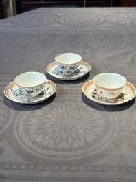 A pair of Chinese polychrome-decorated cups and saucers and an iron-red gilt-decorated cup and saucer, Yongzheng/Qianlong