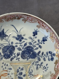 A pair of Chinese polychrome-decorated cups and saucers and an iron-red gilt-decorated cup and saucer, Yongzheng/Qianlong