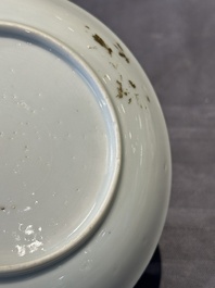 A pair of Chinese polychrome-decorated cups and saucers and an iron-red gilt-decorated cup and saucer, Yongzheng/Qianlong