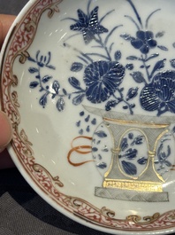 A pair of Chinese polychrome-decorated cups and saucers and an iron-red gilt-decorated cup and saucer, Yongzheng/Qianlong