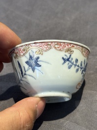 A pair of Chinese polychrome-decorated cups and saucers and an iron-red gilt-decorated cup and saucer, Yongzheng/Qianlong