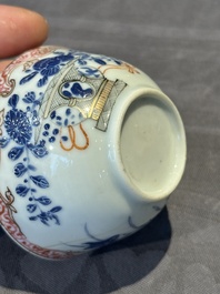 A pair of Chinese polychrome-decorated cups and saucers and an iron-red gilt-decorated cup and saucer, Yongzheng/Qianlong