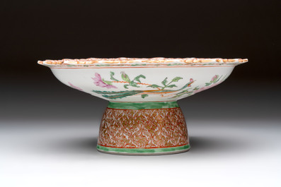 A large and fine Chinese Canton famille rose 'birds among flowering branches' Bencharong tazza for the Thai market, 19th C.