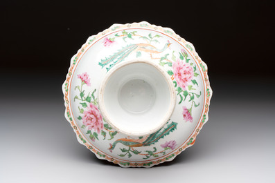 A large and fine Chinese Canton famille rose 'birds among flowering branches' Bencharong tazza for the Thai market, 19th C.