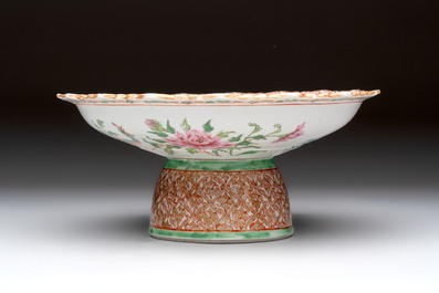 A large and fine Chinese Canton famille rose 'birds among flowering branches' Bencharong tazza for the Thai market, 19th C.