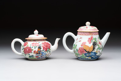 Two Chinese famille rose 'rooster' teapots, Yongzheng/Qianlong