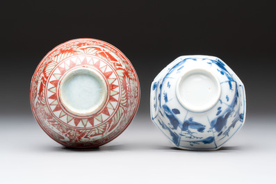 A Chinese blue and white octagonal bowl and a green and red-enamelled blue and white bowl, Jiajing/Chongzhen